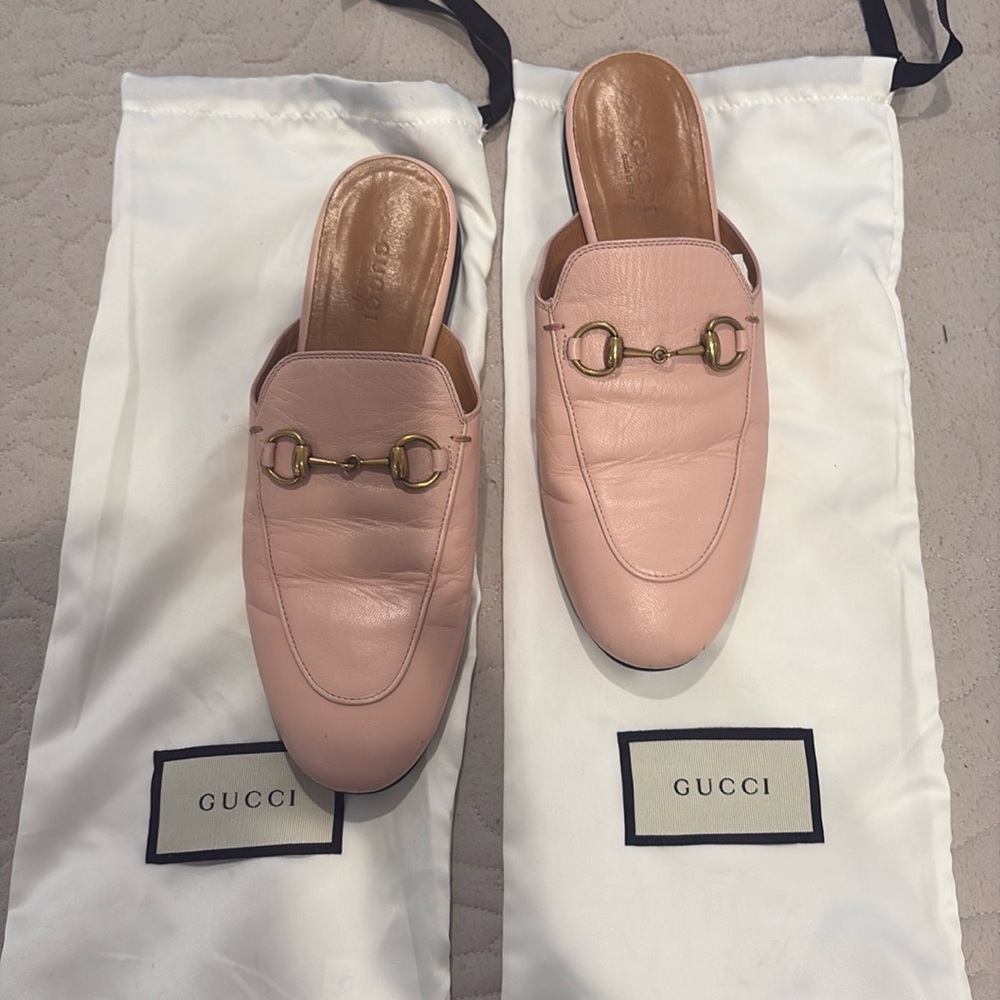 Gucci Princetown Pink Gold Horsebit Pastel Calfskin Flat Loafer Mules EU 36